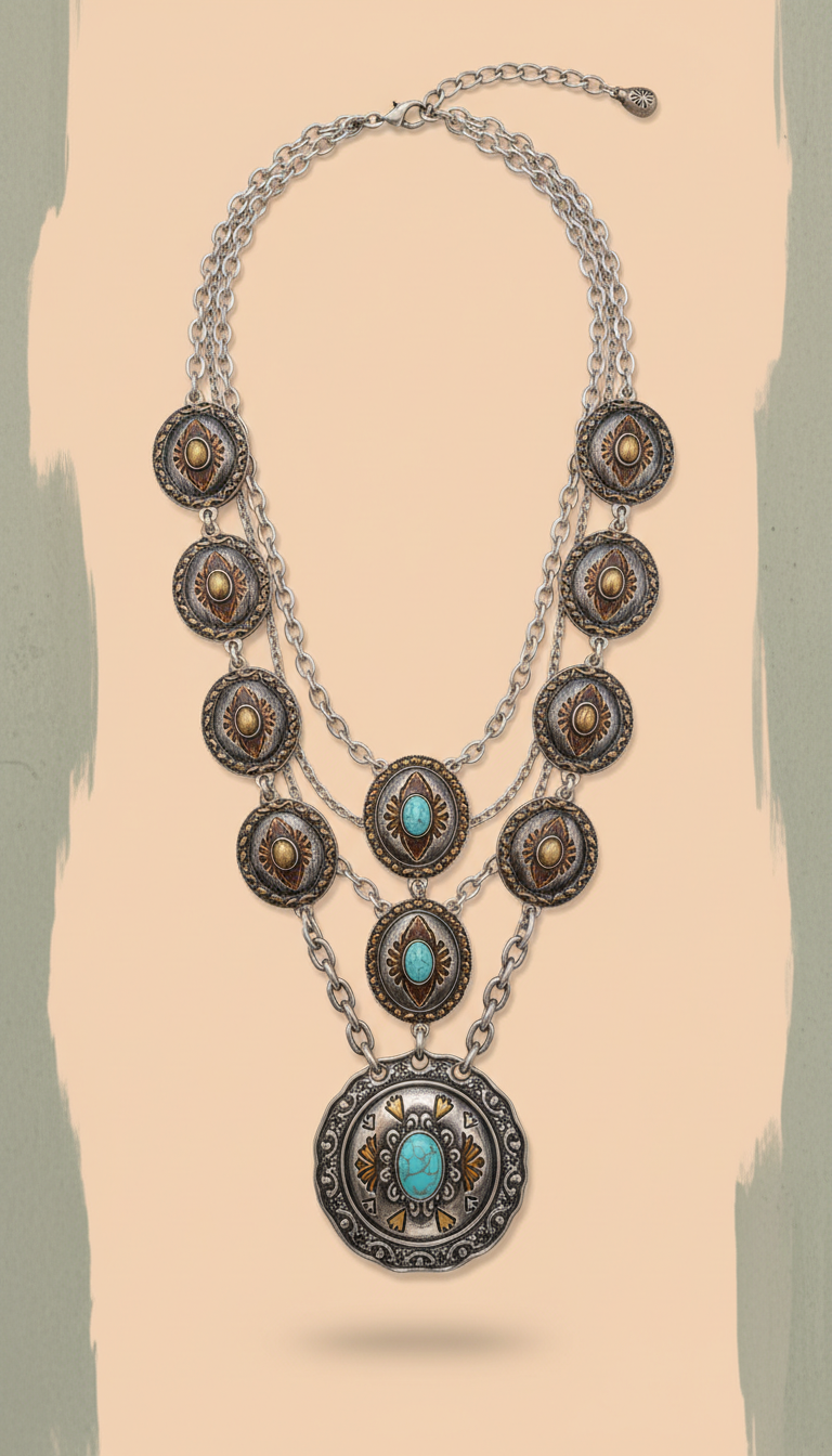 Layered silver concho necklace