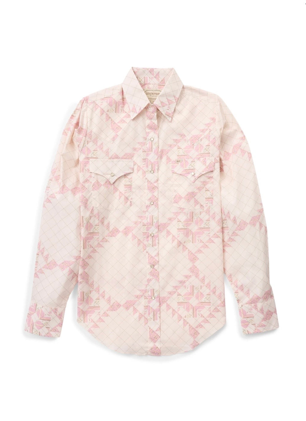 Women’s COWBOYGIRL blossom, pink quilt, print, granddaddy, snap shirt